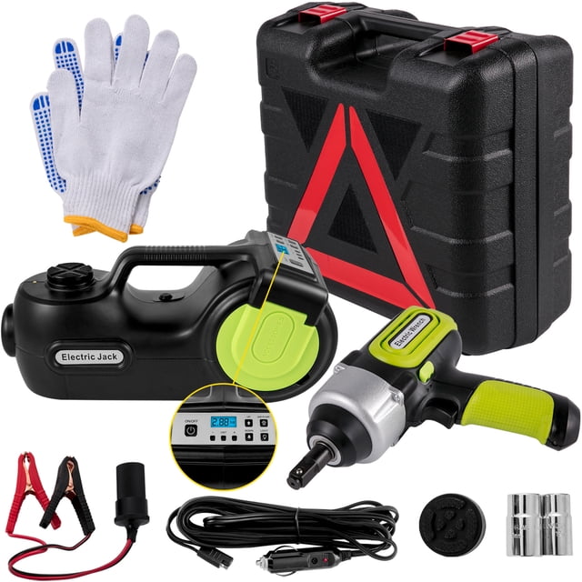gato eléctrico vevor hidráulico para coche de 5 toneladas con llave de impacto electrica y luz led Kit frontal: gato eléctrico negro con detalles verdes y pantalla LCD, llave de impacto eléctrica verde y negra con mango texturizado, maletín negro con triángulo reflectante rojo, guantes blancos con puntos azules, cables de alimentación, adaptador para encendedor y juegos de llaves de vaso; rango de elevación 155–420 mm y compresor inflador integrado; a menudo usado como kit de emergencia para cambio de neumáticos en carretera.