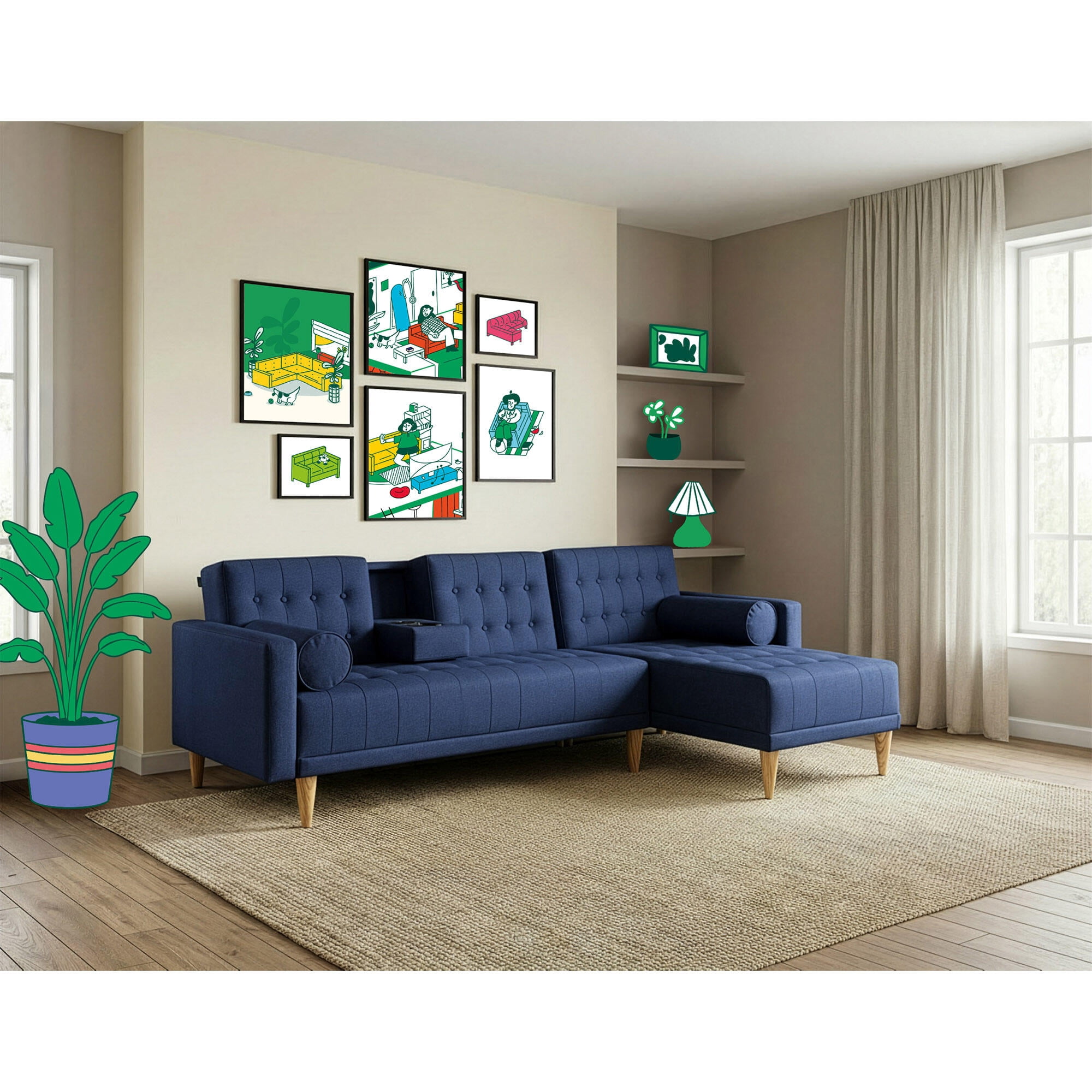 Sala Modular Reversible Makora Tyson Con Memory Foam, Color Azul, Lino Respaldo Reclinable De 3 posiciones.