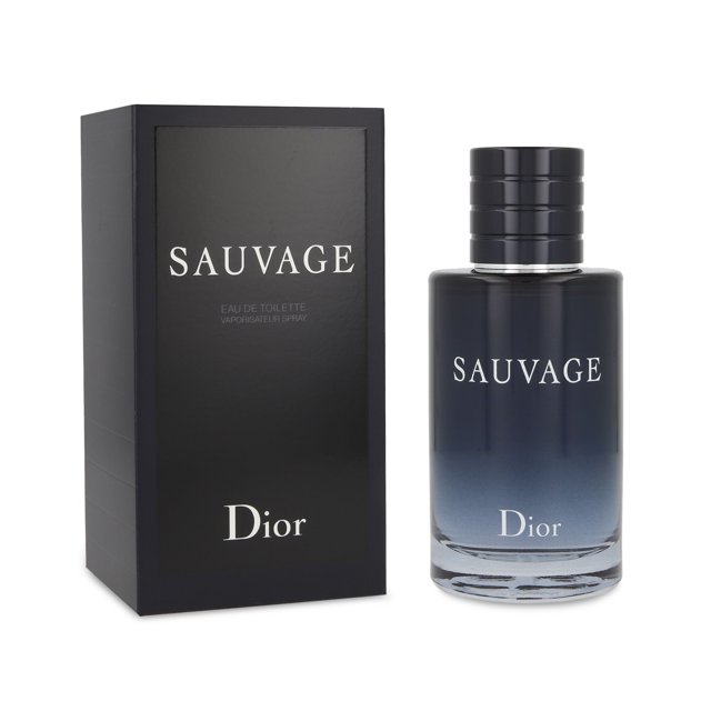 sauvage 100 ml edt spray christian dior, frasco cilíndrico de vidrio 100 ml con degradado azul oscuro a transparente y tapa negra junto a caja negra vertical con 'SAUVAGE' y 'Dior', familia olfativa fougère; notas de salida pimienta y bergamota, corazón de lavanda y vetiver y fondo de cedro y ambroxan, a menudo usado en viajes.