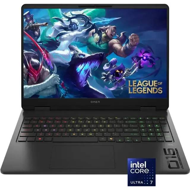 hp omen 16 2k 144hz i7-255h ai boost 16gb rtx 5060 1tb ssd sombra negra laptop gamer frontal 3/4 con pantalla 16" 2K mostrando arte de juego, teclado numérico retroiluminado RGB, touchpad centrado y chasis oscuro con logo OMEN; también a menudo usada para edición y streaming por su potencia.