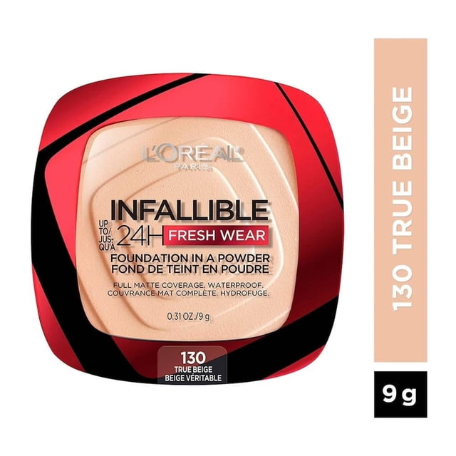 base de maquillaje en polvo l'oréal infallible 24h fresh wear 130 true beige 9 g envase frontal cuadrado con tapa roja y negra; pan de polvo beige claro con textura ondulada y logotipo L'Oréal Paris, rótulo Infallible 24H Fresh Wear y etiqueta de tono 130 true beige visible, marcado 9 g; acabado mate y cobertura alta, a menudo usado para retoques rápidos durante el día.