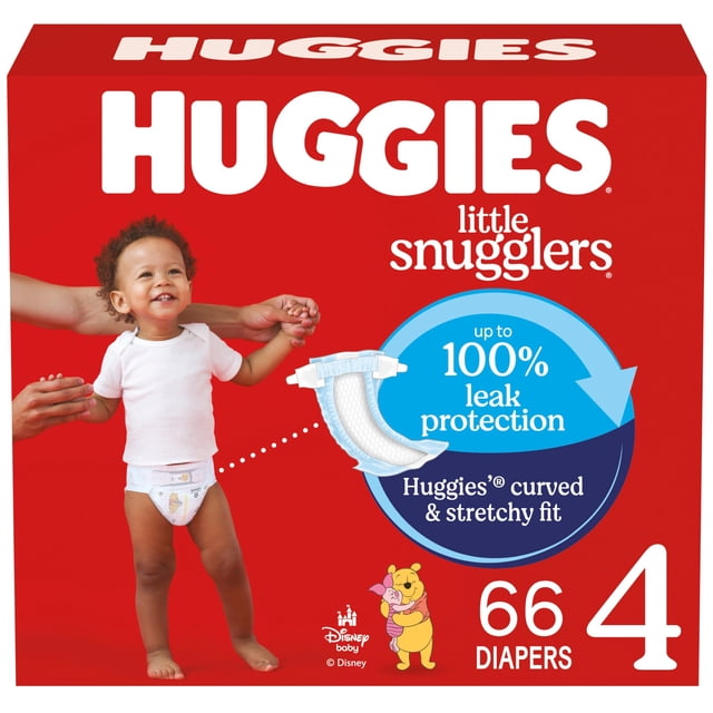 pañales huggies little snugglers, tamaño 4 (10-16 kg), 66 unidades Caja frontal roja con logo Huggies grande y texto 'little snugglers', bebé de pie usando un pañal estampado, gráfico circular azul que muestra protección contra fugas, dibujo de Winnie the Pooh y número 66 visible; el embalaje puede variar.