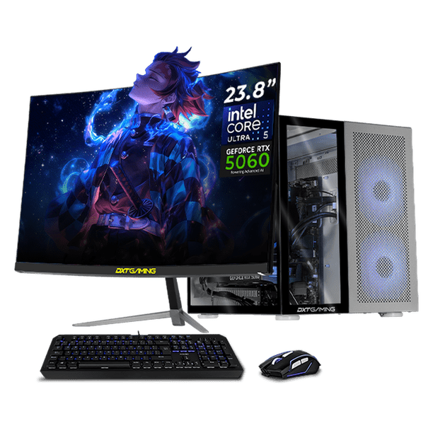 PC Gamer Completa IA DXT GAMING NVIDIA GeForce RTX 5060 Intel Core Ultra 5 225F 16GB DDR5 SSD 1TB Monitor Curvo 23.8 180Hz WIFI Silver Productividad Versátil Acelerada con IA