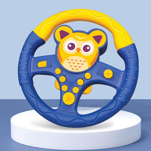 volante de juguete con música , juguete de asiento de volante de simulación para , juguetes de educación temprana para bebés y , yotijar volante juguetes Volante infantil frontal con motivo de búho, borde azul y empuñadura amarilla, botones táctiles redondos para música, bocina y controles, superficie texturizada, tamaño aprox. 20 x 20 cm; juguete educativo portátil ideal para juego de simulación y adecuado también para llevar en el automóvil.