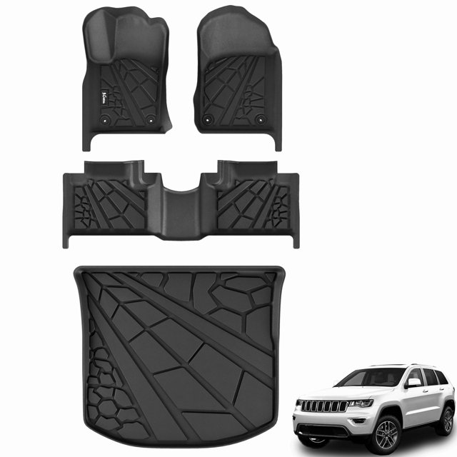 alfombrillas y forro de carga karpal para jeep grand cherokee Negro compatible con Jeep Grand Cherokee 2016–2022 (WK2); juego completo de tapetes TPE con bordes elevados y ranuras profundas antideslizantes, incluye piezas delanteras, traseras y forro de cajuela con fijación por clips para retener agua, barro y sal. Fácil de limpiar y apto para todo tipo de clima; también es adecuado como protector de carga para viajes.