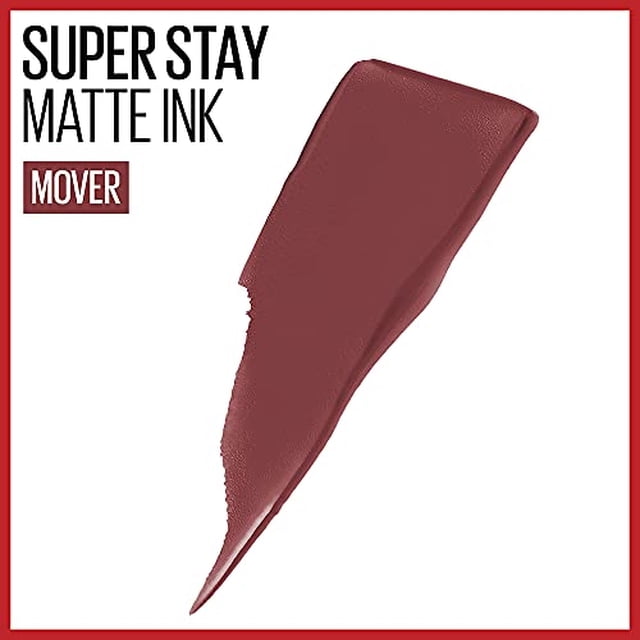 labial líquido maybelline superstay matte ink, tono mover, 0.481ml trazo diagonal de tinta labial marrón rojizo mate sobre fondo blanco con textura cremosa y acabado seco de borde definido; adecuada para búsquedas de tinta labial y acabado mate.