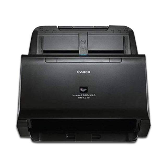 escáner de sobremesa canon imageformula dr-c230 600 ppp negro 2646c002ac Vista frontal centrada del escáner de sobremesa Canon ImageFORMULA DR‑C230 en negro; carcasa rectangular con bandeja de entrada superior plegable, logo Canon y rótulo ImageFORMULA DR‑C230 en la tapa, abertura de salida frontal y panel superior liso. Especificado para 600 ppp y alimentador automático de 60 hojas; a menudo se usa para digitalizar documentos de oficina y recibos.