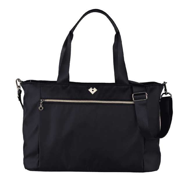 bolsa para laptop mujer hasta 16 pulgadas luckyly, moderna con múltiples compartimentos, modelo tanya negro unitalla vista frontal centrada de tote bag negra con asas dobles y tirante cruzado ajustable y removible; cuerpo rectangular acolchonado en poliéster negro con bolsillo frontal con cremallera y herrajes plateados; mide 43x30x11.5 cm y aloja laptop 16 in (40.6 cm), tablet y objetos personales; adecuada como maletín portafolio o bolso crossbody.