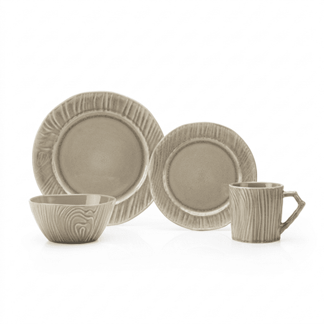 vajilla de cerámica 16 pzas, 4 personas - cameo1 - crown baccara conjunto en tono arena brillante con plato hondo, plato plano, plato pequeño y taza con asa texturizada; relieve que imita vetas de madera en bordes y superficie, composición frontal sobre fondo blanco, estilo rústico contemporáneo ideal para mesa de 4 personas y también apta como set de exhibición en aparador.