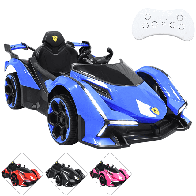 montable eléctrico para niños deportivo lambo luces sonido control remoto bluetooth batería 12v - azul Vista frontal 3/4 de montable deportivo azul con carrocería plástica brillante y parabrisas negro; luces LED delanteras, molduras reflectantes, volante con sonidos y asiento negro con cinturón de seguridad; ruedas de plástico rígido y emblema amarillo frontal; control remoto parental blanco en la esquina y mini vistas de colores en la parte inferior.