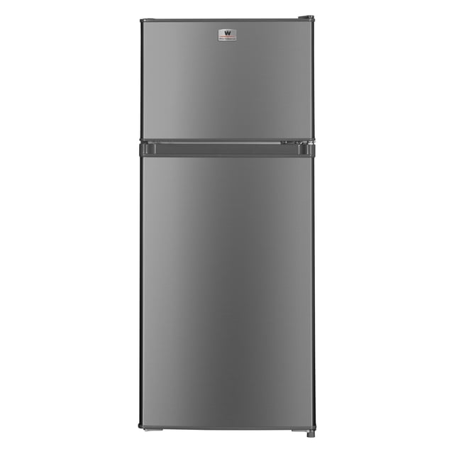 white westinghouse refrigerador frigobar 4.4 pies 125l modelo wwcr44125lhs top mount control mecánico de temperatura puerta reversible y luz interior condensador interno pata ajustable — Vista frontal centrada de frigobar en acabado en acero VCM con dos puertas top mount; congelador superior independiente, placa con logo White‑Westinghouse en la puerta superior, manijas integradas en el borde, superficie lisa metálica y patas ajustables visibles; ideal para oficinas o departamentos y a menudo usado como refrigerador secundario en espacios pequeños.