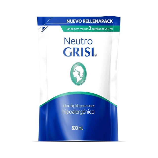 jabón líquido para manos grisi neutro rellenapack 800 ml envase flexible frontal blanco y azul con logo Grisi y medallón verde; texto visible "hipoalergénico" y capacidad 800 mL, nuevo rellenapack indicado para piel sensible y uso diario, formato práctico para rellenar botellas de jabón de manos.