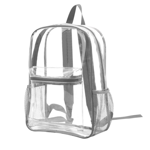 xihbxyly mochila transparente apta para estadios con múltiples bolsillos y vinilo duradero. Vista frontal centrada de mochila translúcida tamaño 28 x 38 x 12,7 cm con bolsillo frontal con cierre, bolsillos laterales de malla, tirantes acolchados y asa superior; ideal para conciertos, festivales y para llevar útiles de oficina a la vista.