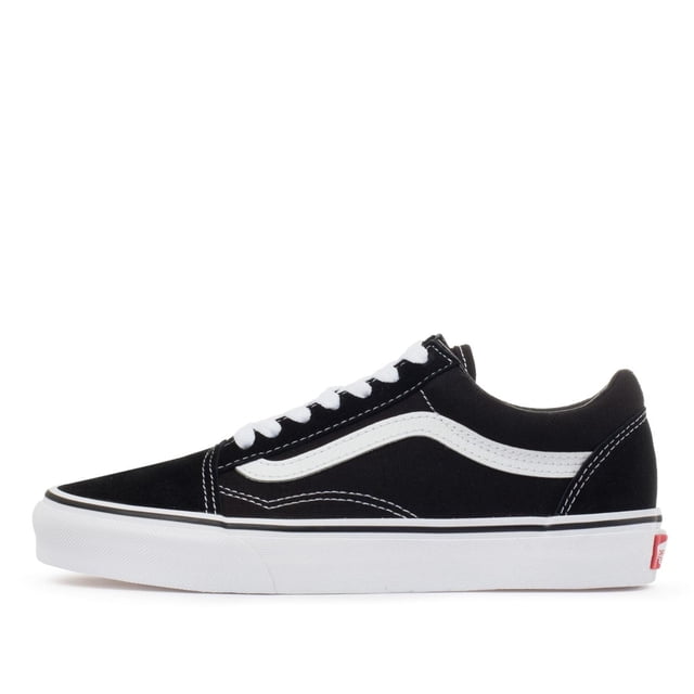 tenis vans old skool vn000d3hy28 unisex negro 29 vista lateral derecha de corte bajo con la clásica sidestripe blanca; exterior textil con paneles de gamuza negra, cordones blancos, collares acolchados de apoyo y suela de goma waffle blanca con borde negro y etiqueta roja en el talón, adecuado para uso casual y skate ligero.