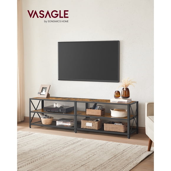 Mueble de TV, Mesa de TV para Televisores de hasta 75 Pulgadas, Ancho 178 cm, Marco de Acero, con Estantes, para Salón, Dormitorio, Marrón Rústico y Negro LTV096B01