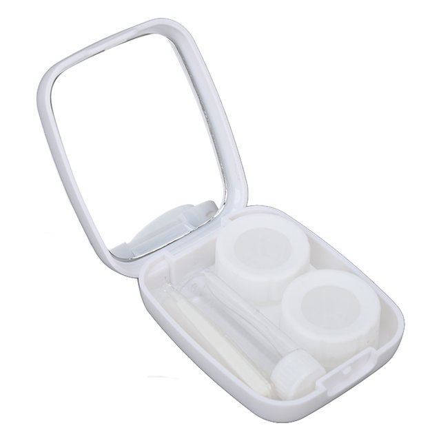estuche para lentes de contacto, impermeable, portátil, mano de obra fina, estuche para lentes de contacto de viaje para mujer para viajes Caja blanca de plástico cuadrada con tapa abatible y espejo interior; interior con dos recipientes circulares para lentes, pinzas, aplicador y frasco para solución, diseño sellado resistente al polvo y al agua según especificación; también suele usarse como organizador de viaje para piezas pequeñas o joyería.