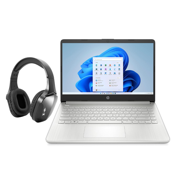 combo laptop hp 14-dq0532la intel celeron n4120 4gb 128gb ssd hd w11h plata + audifonos bluetooth. Vista frontal centrada de la laptop HP plateada de 14" con pantalla abierta mostrando Windows 11 Home, teclado visible y panel táctil; a la izquierda, audífonos Bluetooth negros sobre fondo blanco. Portátil con SSD PCIe 128GB y 4GB RAM, adecuada para estudio y entretenimiento ligero.
