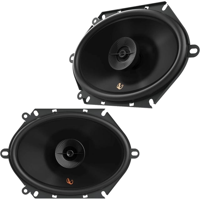 bocinas 5x7 infinity 50 w rms 150 w máx modelo primus 683f vista frontal 3/4 de dos altavoces 6x8" para auto; conos negros de polipropileno Plus One+ con borde de goma hi-roll, tweeter de cúpula de seda de 1/2" en el centro, canasta ventilada con ojales de montaje y logo Infinity dorado; respuesta 65-20,000 Hz, sensibilidad 92 dB; a menudo se usan como reemplazo para mejorar sonido de fábrica.