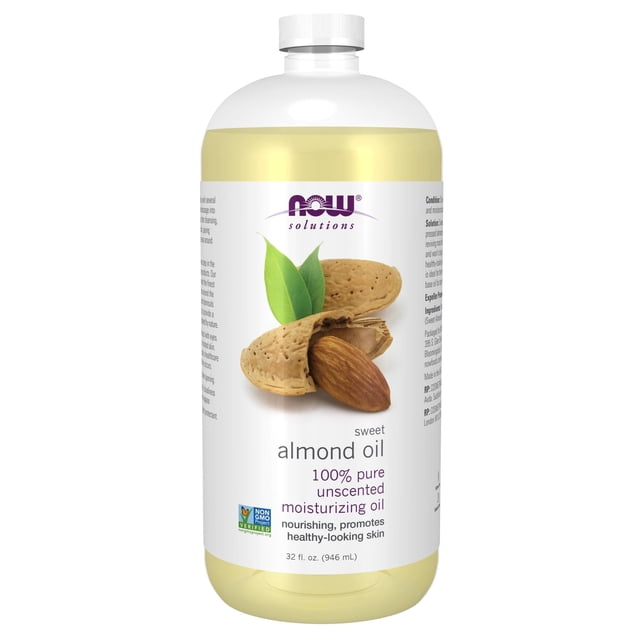 aceite hidratante now solutions aceite de almendras dulces 946ml botella frontal translúcida con etiqueta blanca que muestra almendras y hojas, texto visible 'almond oil' y '100% pure', tapa blanca y líquido amarillo pálido; a menudo usado para masaje corporal y humectación de la piel.
