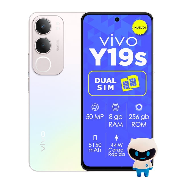 celular vivo smartphone y19s dual sim – 256gb rom, 16gb ram (8+8 extendida), pantalla 90hz, batería 5500mah – desbloqueado Plata Vivo Y19s Dual SIM vista frontal con pantalla encendida y logo vivo Y19s, biseles delgados y cámara frontal en orificio centrado; pantalla muestra características clave como Dual SIM, 50 MP, 8 GB RAM y 256 GB ROM; visible la isla de cámara trasera y acabado degradado plata; 100% nuevo y desbloqueado; también adecuado para usar dos líneas separadas para trabajo y vida personal.