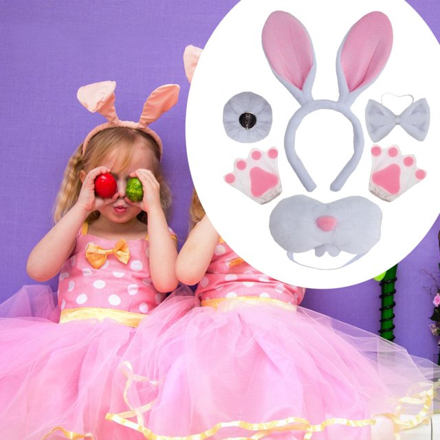 conjunto de disfraz de conejo de pascua, accesorios para sombreros de cosplay para espectáculos de escenario, halloween — set blanco para niños con diadema de orejas acolchadas (23x29 cm), cola redonda (8x8 cm), nariz mullida con elástico (8x16 cm), corbata de lazo (8x12 cm) y par de guantes con almohadillas rosas (15x17 cm); presentación frontal y montaje circular del kit, piezas de tela con detalles cosidos y bandas elásticas para fácil colocación; ideal para Pascua, Halloween, fiestas temáticas y actuaciones infantiles, y frecuentemente usado como accesorio para sesiones de fotos.