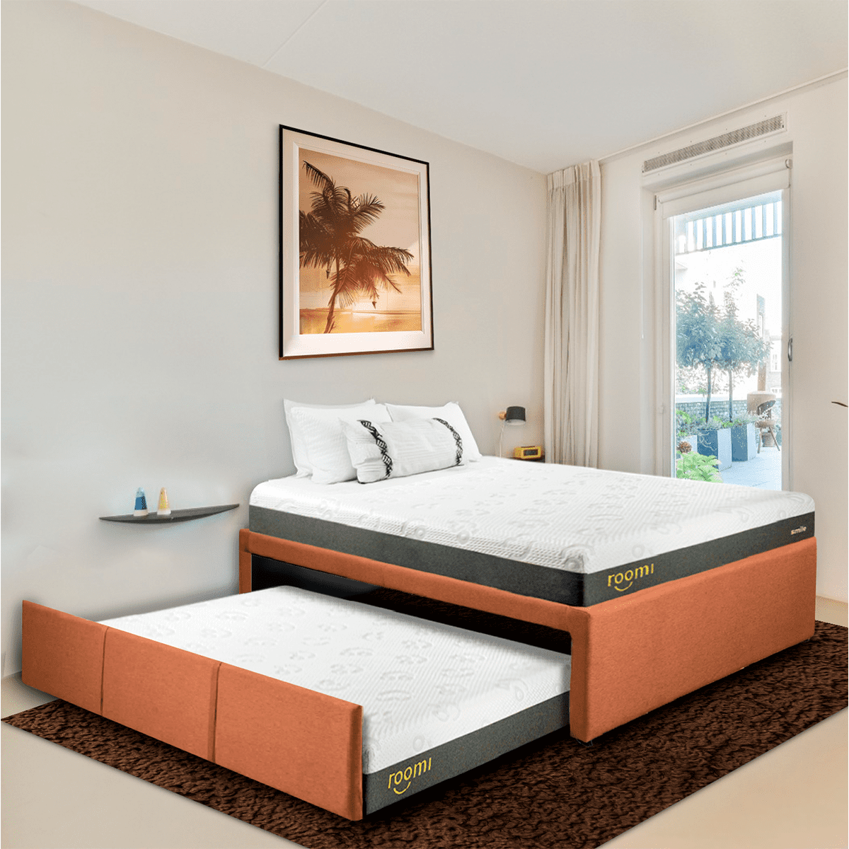Cama doble Matrimonial Roomi Anaranjada + 2 Colchones Smile