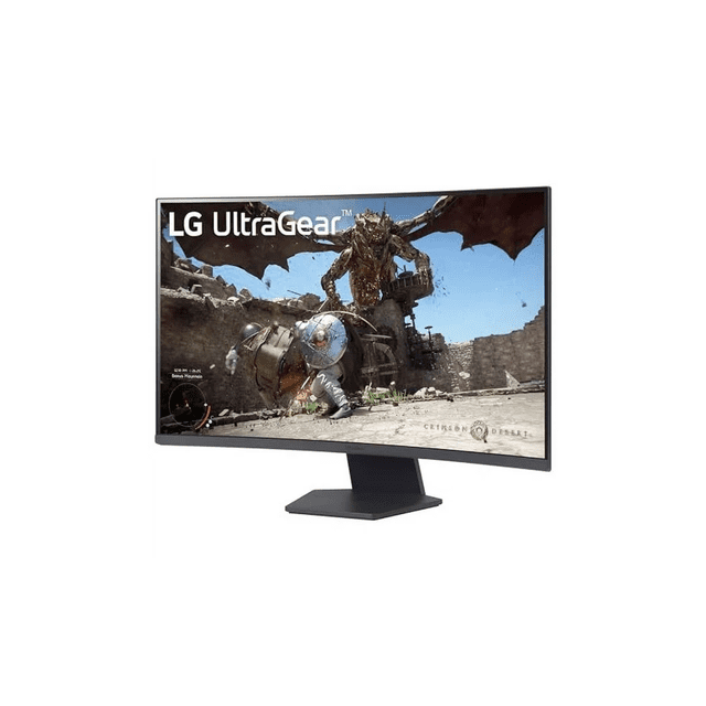 monitor curvo lg 32 pulgadas ultragear 1ms 180 hz panel va qhd hdmi displayport amd freesync — Vista frontal en 3/4 de un monitor curvo LG UltraGear de 31.5 pulgadas con marco delgado en tres lados y base rectangular; la pantalla QHD muestra una escena de videojuego con dragón y el logotipo "LG UltraGear" en la esquina superior. Especificado para gaming con panel VA, 180 Hz y 1 ms (GtG), compatible con AMD FreeSync y HDR10; también suele usarse para edición de video o configuraciones multitarea.