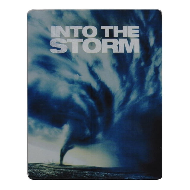 en el tornado into the storm warner bros steelbook blu ray + dvd + copia digital Steelbook frontal centrado; caja aparente de metal con portada azul y gris, gran tornado en el horizonte sobre terreno llano y cielo turbulento, título "INTO THE STORM" en letras plateadas en la parte superior; formato Blu-ray y DVD y marca Warner Bros. según especificaciones.