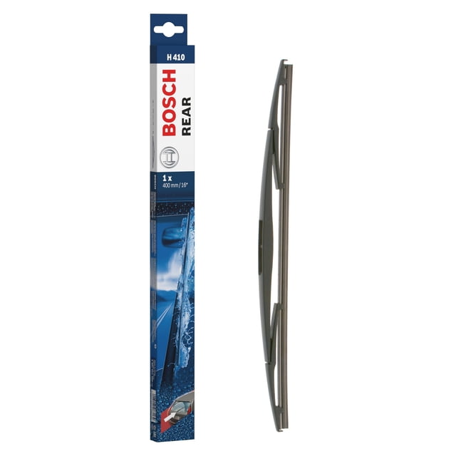 limpiaparabrisas trasero bosch h410 de 16 pulgadas, fácil de instalar — Escobilla trasera Bosch H410 de 16 pulgadas (400 mm) en vista frontal vertical; perfil esbelto con marco de soporte metálico, borde limpiador de goma natural y adaptador de clic rápido visible; embalaje vertical azul y blanco con marca Bosch y texto REAR, sobre fondo blanco; a menudo usada en limpiadores traseros de hatchbacks y compactos.