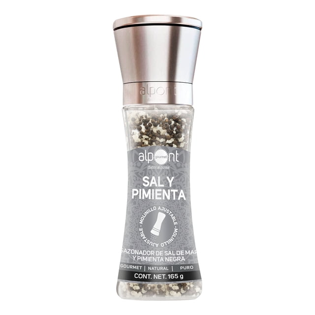 alpont gourmet molinillo sal y pimienta 165 g multicolor molino con cámara transparente que muestra sal de mar y granos de pimienta negra, tapa metálica cepillada y etiqueta que indica "Sal y Pimienta", neto 165 g. A menudo usado como molinillo de mesa para sazonar al cocinar.