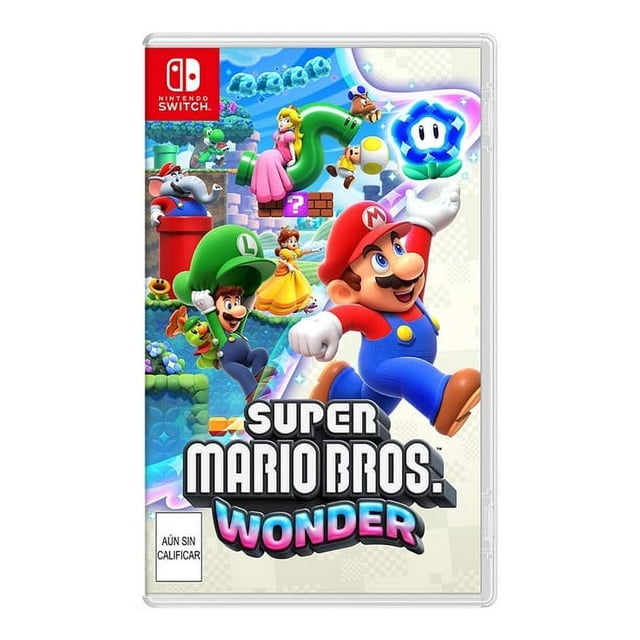 super mario bros wonder standard edition nintendo switch carátula frontal con Mario corriendo a la derecha en primer plano; Luigi, Peach, Daisy, Yoshi y Toad en el fondo, logo grande "Super Mario Bros. Wonder", icono rojo de Nintendo Switch arriba a la izquierda, flor brillante y tubería verde visibles; también suele usarse para coleccionistas y fans como portada de exhibición.