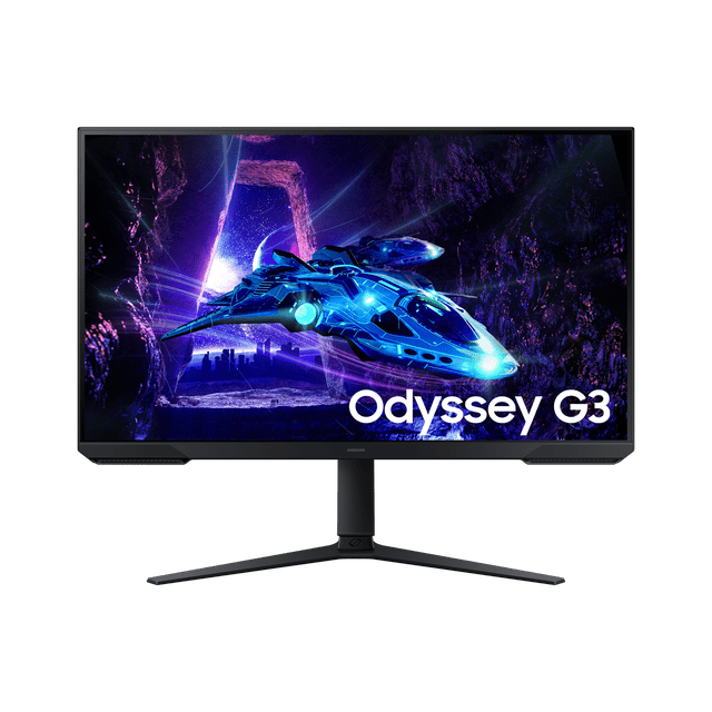 monitor gamer 32'' samsung odyssey g3 fhd va curvo 180hz Vista frontal centrada de monitor gamer Samsung Odyssey G3 32'' con pantalla curva VA, marco negro delgado y base en 'V' con pie ajustable. En pantalla se ve un arte de nave espacial en tonos morado y azul y el texto 'Odyssey G3'; ficha técnica indica 180 Hz y 1 ms (MPRT). También suele usarse para estaciones de trabajo de edición de video por su tamaño.