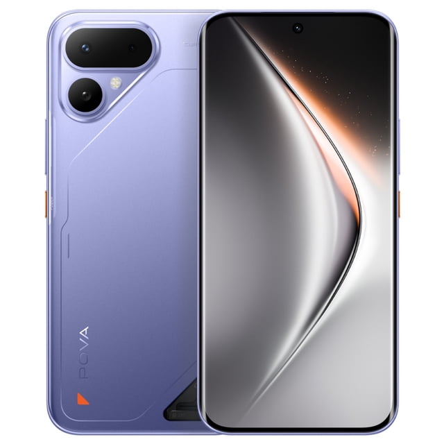 smartphone celular tecno pova curve 2 5g dual sim 256gb 8gb ram nuevo liberado - morado vista frontal y posterior centrada; pantalla curva AMOLED de 6.78" 144 Hz con orificio para selfie, chasis ultradelgado 7.42 mm en color morado; cámara trasera 50 MP + 2 MP con flash, logo POVA en la esquina inferior y botón lateral naranja; especificado con Procesador MediaTek Dimensity 7100 5G y batería 8000 mAh. Su tamaño compacto lo hace adecuado también para ver video en viaje.