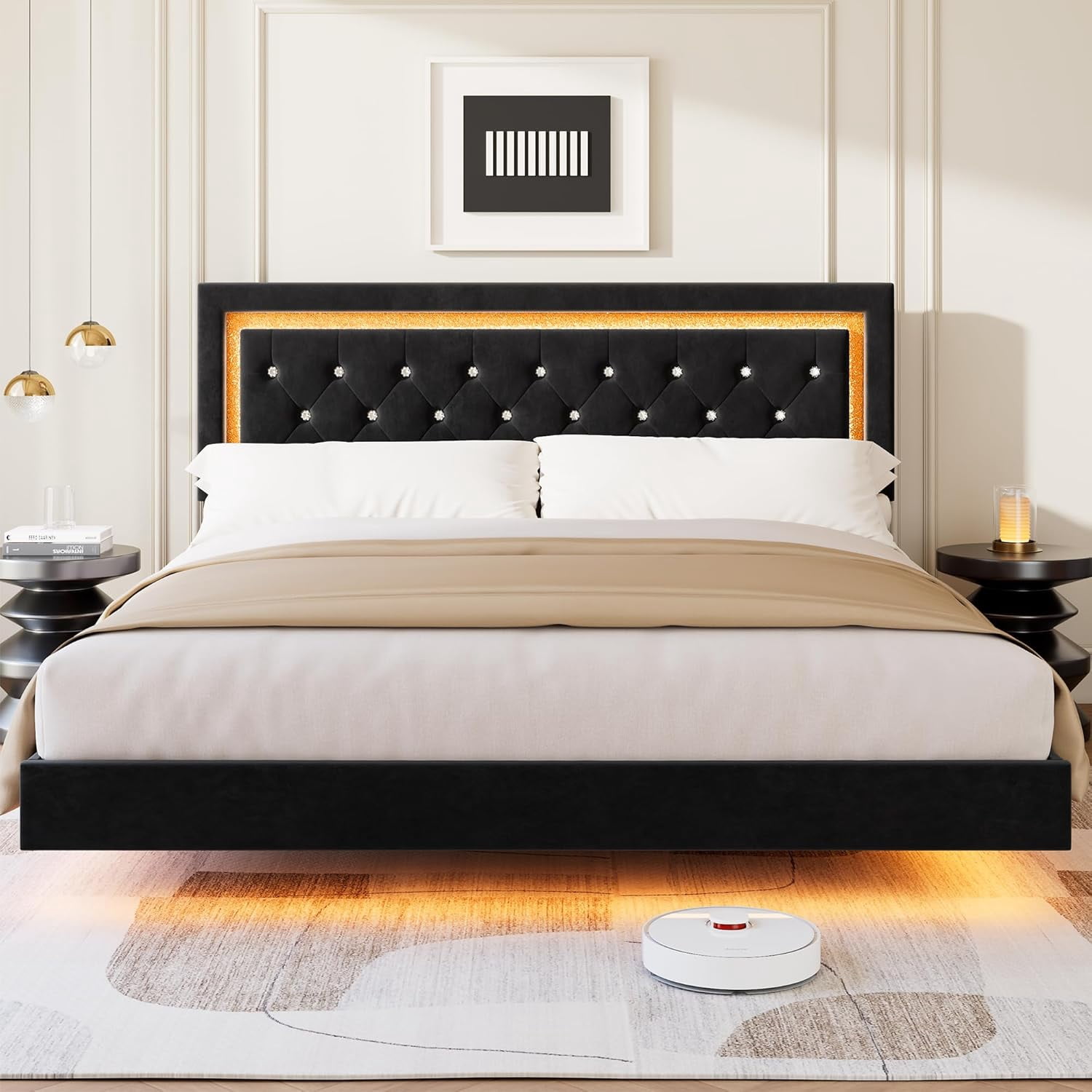 Cama Flotante King con Luces LED Inteligentes: Cabecero de Diamante Tapizado, Plataforma Sólida Silenciosa (Sin Somier) - Marco Moderno con Listones de Madera Maciza