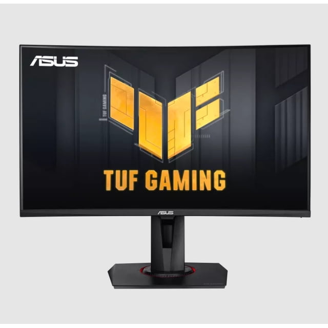monitor gamer curvo asus vg27vqm led 27 pulgadas. Vista frontal centrada de monitor curvo negro ASUS TUF Gaming VG27VQM de 27" (1500R) LED Full HD 1920x1080 con peana hexagonal negra y anillo rojo, logo ASUS en bisel, frecuencia de actualización 240 Hz, tiempo de respuesta 1 ms, soporte HDR10 y AMD FreeSync Premium; también es adecuado para estaciones de juego compactas o streaming.