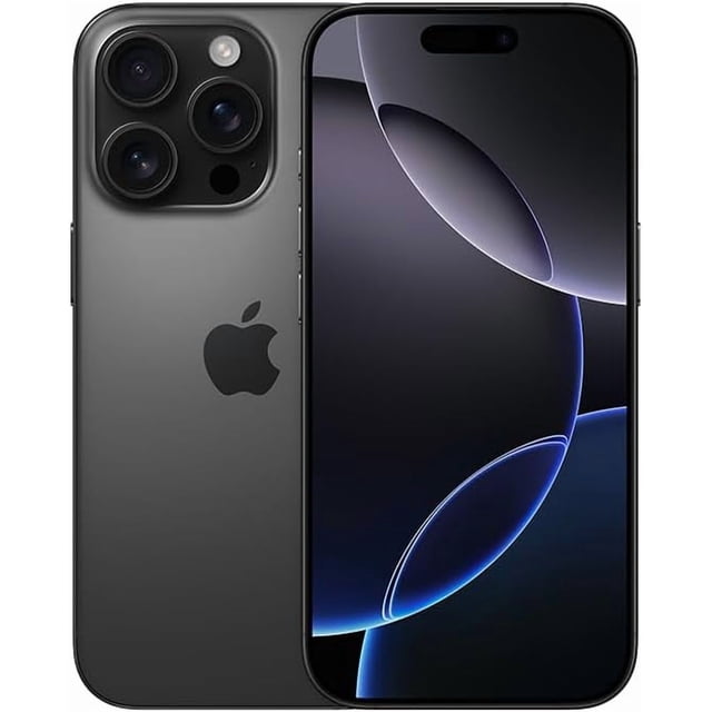 apple iphone 16 pro 128gb negro esim reacondicionado vista frontal y posterior centrada; chasis de titanio negro microarenado, pantalla Super Retina XDR OLED de 6.93 pulgadas con biseles reducidos, módulo trasero con tres lentes Pro y flash, logo Apple visible; ideal como smartphone principal para fotografía y streaming.