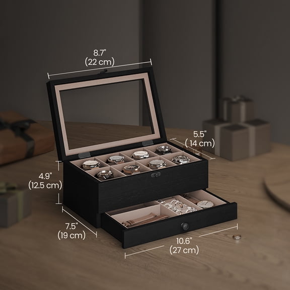 SONGMICS Caja de Relojes con 8 Ranuras, Estuche de Relojes de Madera de 2 Niveles con Tapa de Cristal, Negro Ébano