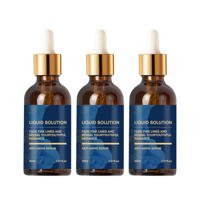 sérum biuhorey olavita botox con vitamina c y e antienvejecimiento 3x30 ml tres frascos de vidrio ámbar de 30 ml con cuentagotas y tapa dorada, etiquetas azules que dicen "Liquid Solution" y texto sobre suero antiedad; vista frontal centrada sobre fondo blanco, a menudo usado como suero facial hidratante y práctico para viajes.