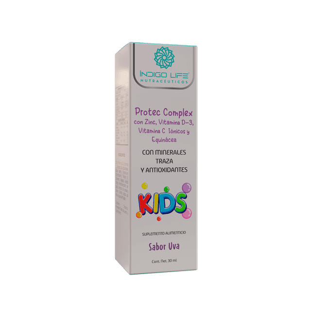 protec complex kids (zinc, vitamina d-3, vitamina c y echinacea) 30 ml frasco gotero en caja frontal con logotipo Indigo Life, texto que señala ZINC, VIT D-3, VIT C IÓNICOS y EQUINACEA, leyenda "con minerales traza y antioxidantes", palabra KIDS en letras coloridas, indicación Sabor Uva y contenido neto 30 ml; caja blanca vertical con logotipo turquesa y panel lateral con instrucciones.