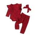 thumbnail image 1 of Body De Bebé, Conjunto De Canastilla, Onesies Para Niños Pequeños, Niñas, Estampado De Corazones, Mameluco Con Volantes, Pantalones, Diadema, Ropa, Traje Rojo Odeerbi  LM103-4672, 1 of 9