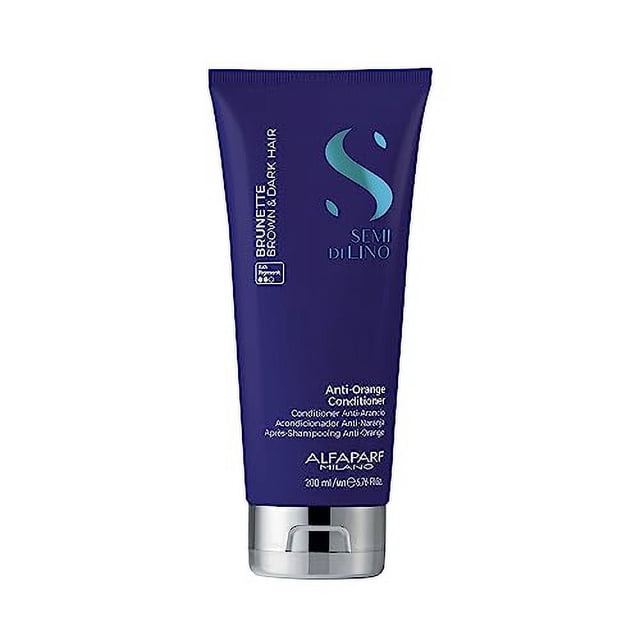 acondicionador anti-naranja alfaparf milano semi di lino morena tubo frontal azul oscuro 200 ml con tapa plateada, texto "Anti-Orange" y "Brunette / Brown to Dark Hair" visible; producto profesional indicado en etiqueta, formulado para neutralizar tonos naranjas y nutrir el cabello moreno según especificaciones.