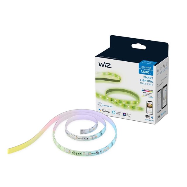 tira de luz wiz connected 2 metros — tira LED flexible de 2 m frente a su caja WiZ; desenrollada en espiral sobre base transparente con segmentos de chips LED y conector visible, muestra degradados de color (amarillo, rosa, lila, azul y verde); especificada para conectividad Wi‑Fi, control por app y asistentes de voz; adecuada para iluminación ambiental y acentuar estantes o muebles.