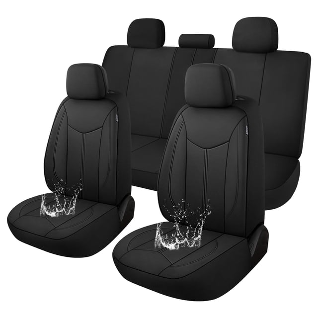 funda de asiento de coche caromop de neopreno impermeable para coche, color negro vista frontal centrada de fundas delanteras y traseras negras; silueta de asiento con apoyacabezas separados, textura lisa de neopreno y costuras visibles, panel central de malla, ganchos elásticos y cuerdas de ajuste; gotas de agua sobre los cojines para mostrar impermeabilidad; apta para sedán, camioneta o SUV y compatible con bancos divididos; instalación estimada 10–20 minutos y posible corte alrededor de la hebilla del cinturón. Suele usarse también para proteger asientos durante el transporte de mascotas.
