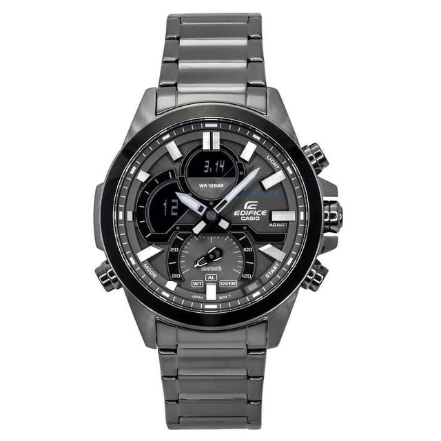 casio edifice smartphone link model bluetooth analog digital grey dial quartz ecb-30dc-1b 100m men's watch vista frontal del Casio Edifice ECB-30DC-1B con esfera gris analógico-digital, tres subesferas/digital windows, índices bastón luminiscentes y manecillas tipo espada, caja y brazalete de acero inoxidable, coronas y pulsadores visibles y marcaje 100m (10 bar) en la esfera; también suele emplearse como reloj de viaje por su conectividad Bluetooth.