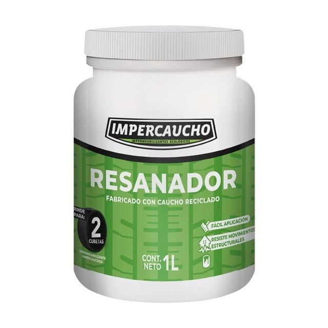 resanador impercaucho fabricado con caucho reciclado 1 litro frasco blanco frontal con etiqueta verde y logo IMPERCAUCHO, texto "RESANADOR" y "CONT. NETO 1L", tapa roscada blanca, etiqueta indica uso para impermeabilizar grietas y fisuras en techos y paredes, color del contenido: negro; también suele usarse para parches rápidos en pequeñas filtraciones.