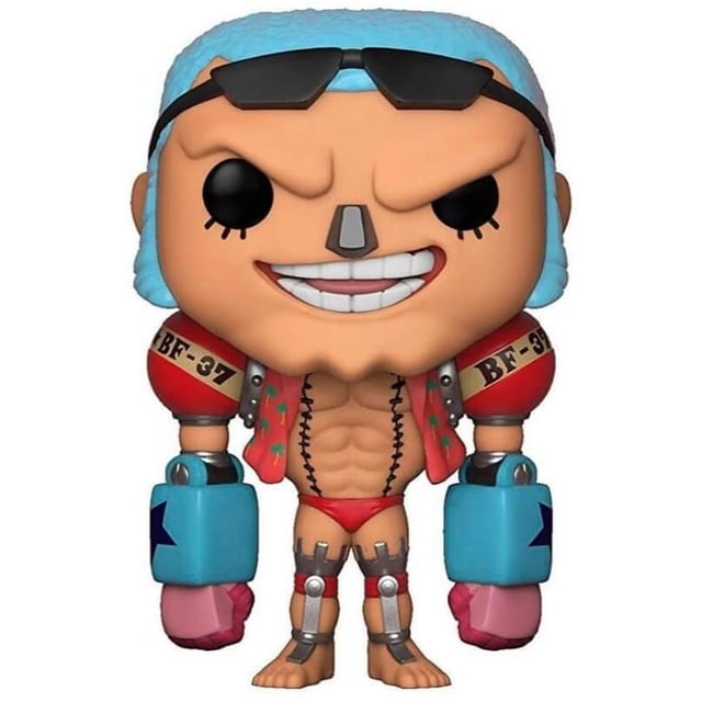 figura coleccionable funko pop! anime onepiece franky 3 3/4 pulgadas multicolor, vista frontal centrada con cabello azul claro y gafas negras sobre la frente; sonrisa amplia y ojos negros; torso musculoso con camisa roja abierta y costuras en el pecho; hombreras rojas marcadas 'BF-37', grandes guantes turquesa y botas rosadas. También suele usarse como pieza decorativa en vitrinas de coleccionistas.