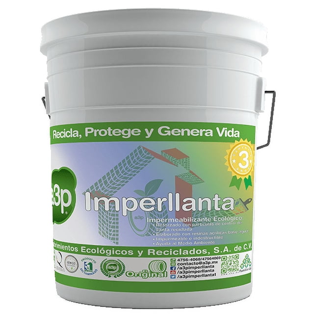 impermeabilizante de llanta a3p 3 años gris claro cubeta de 19 litros cubeta blanca frontal de 19 L con etiqueta verde y morada que muestra 'Imperllanta', logo A3P, sello '3 años' e iconos ecológicos; descripción incluye aislante térmico y el producto suele usarse también para impermeabilizar cubiertas pequeñas.
