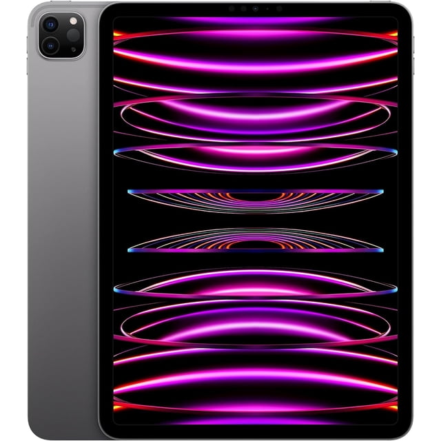 apple ipad pro 6 12.9" 2tb gris reacondicionado vista frontal y trasera 3/4: tablet de 12.9" con pantalla Liquid Retina XDR y biseles delgados, chasis gris, módulo de cámara trasera cuadrado con dos lentes y LiDAR, borde con botones y puerto Thunderbolt/USB 4. Suele utilizarse como estación de dibujo con Apple Pencil y para edición de video gracias al chip M2 y ProMotion.