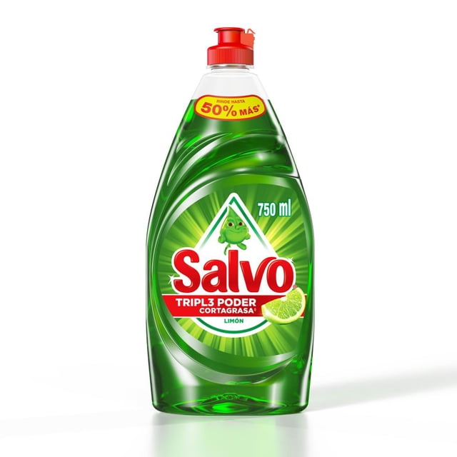 lavatrastes salvo limón, remueve grasa difícil, 750 ml botella verde frontal con tapa roja; etiqueta triangular blanca y logo Salvo rojo, texto "750 ml" y "TRIPL3 PODER CORTAGRASA" con rodaja de limón; envase translúcido muestra líquido verde y brillo; ideal desengrasante para platos y ollas.