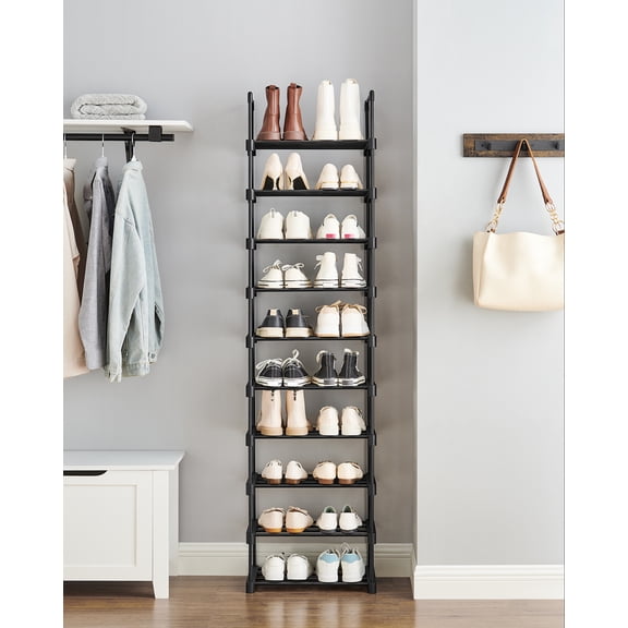 SONGMICS Zapatero de metal de 10 niveles, diseño personalizable, ahorro de espacio y estante versátil, para sala de estar, dormitorio, 17.7 x 11.8 x 68.5 pulgadas, Negro